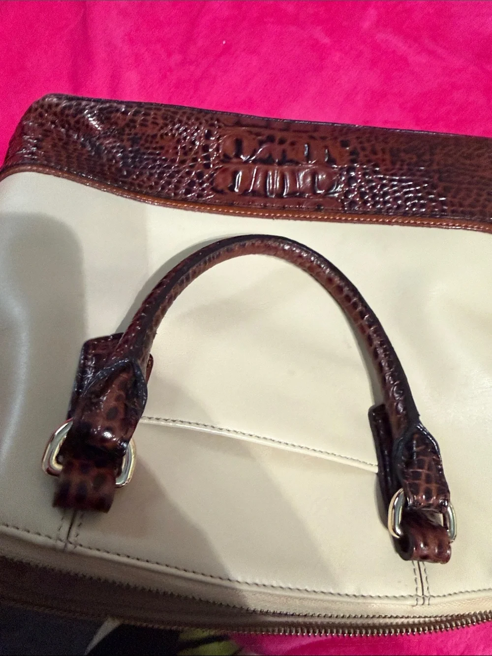 Brahmin Cream Satchel with Brown Croc Trim and Handles